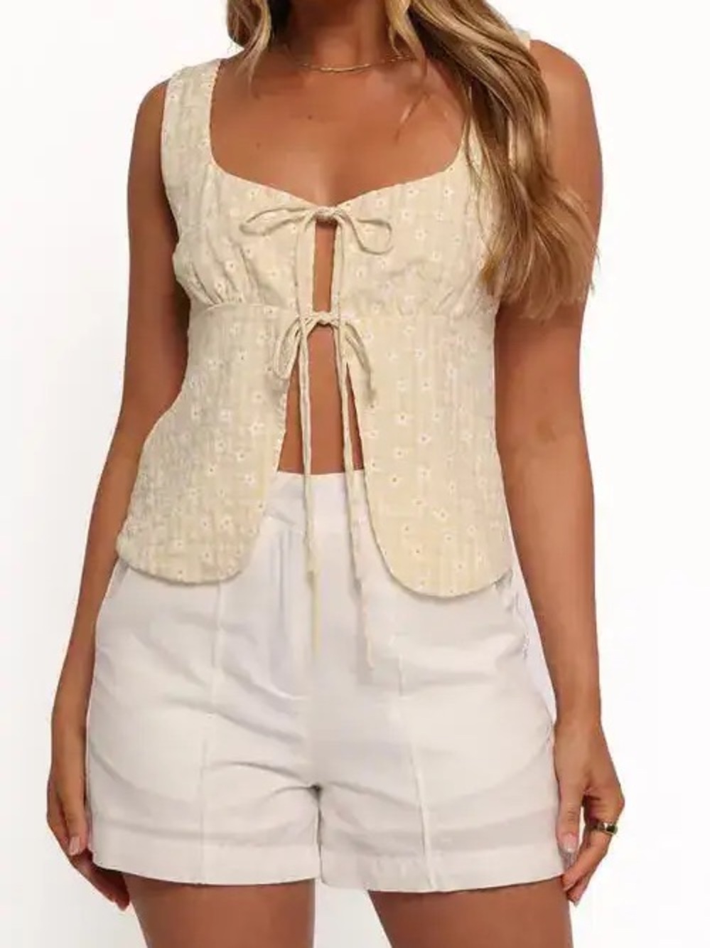 Petal & Pup Cream Floral Eyelet Tie-Front Tank
